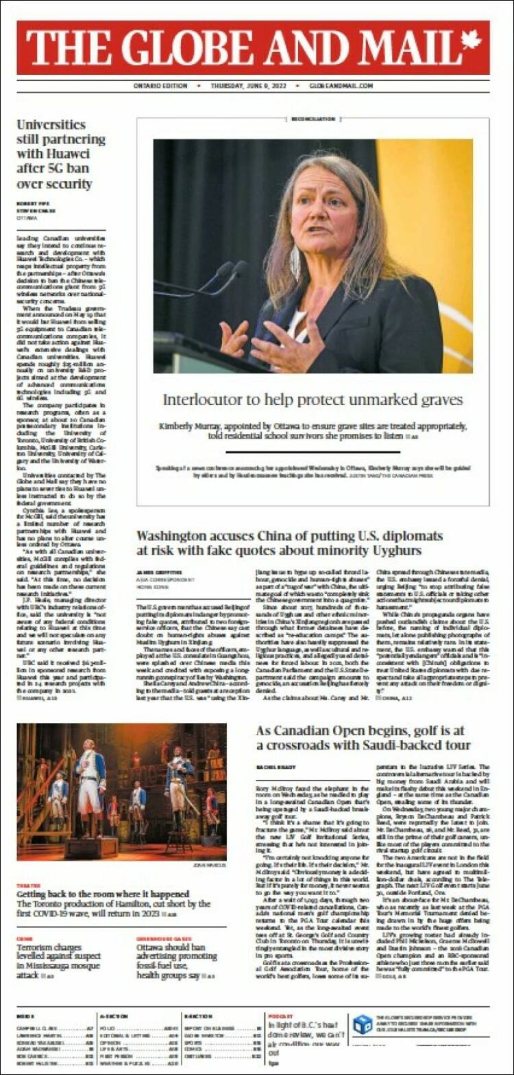 Portada de The Globe and Mail (Canada)