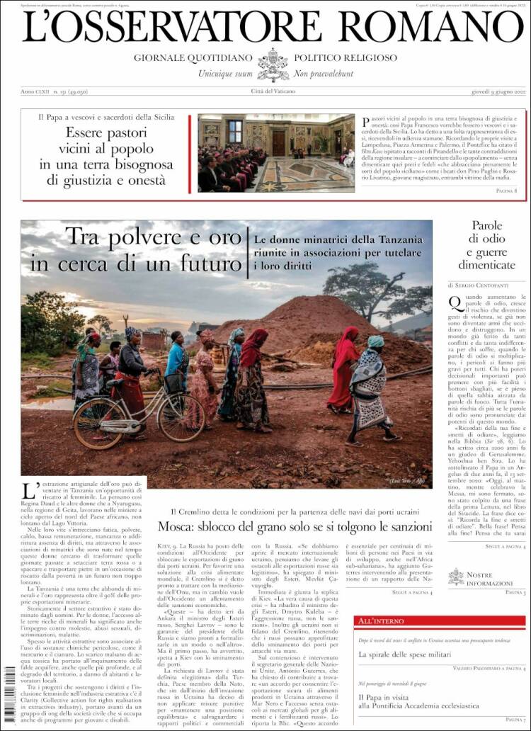 Portada de L'Osservatore Romano (Italie)