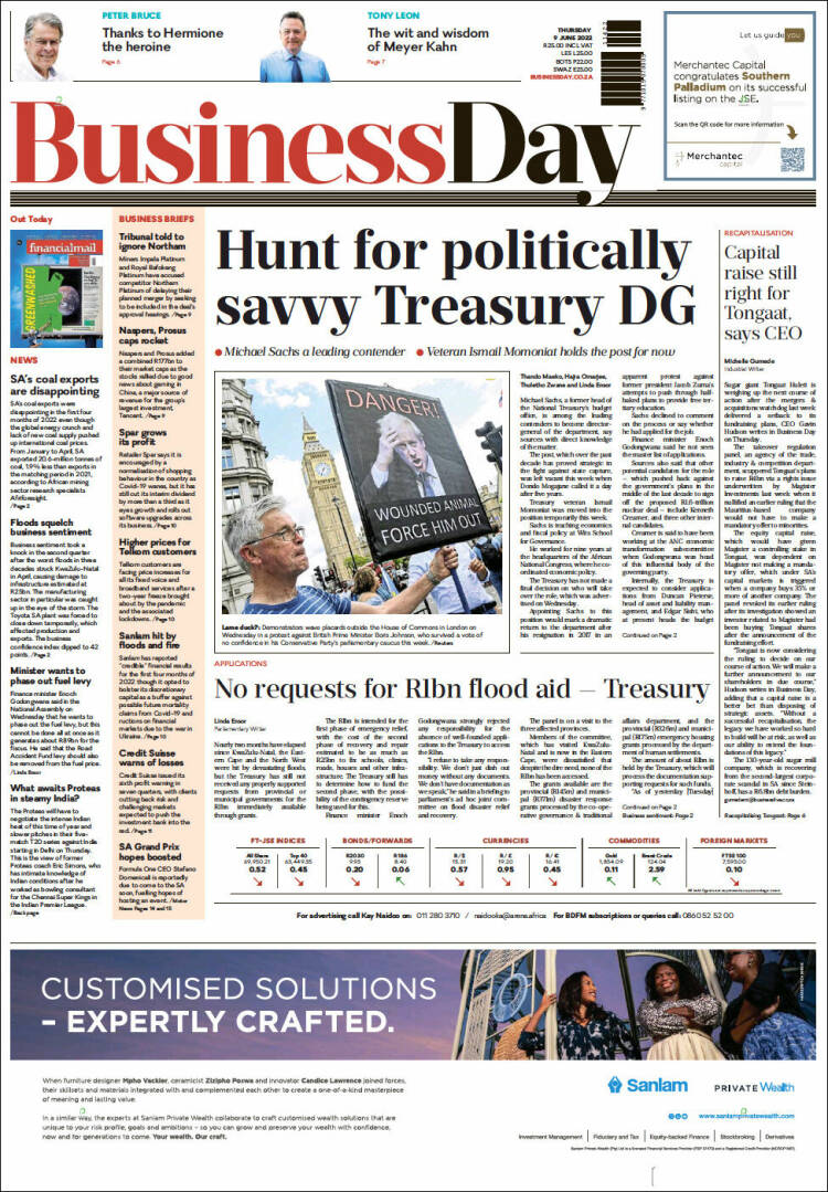 Portada de Business Day (Afrique du Sud)