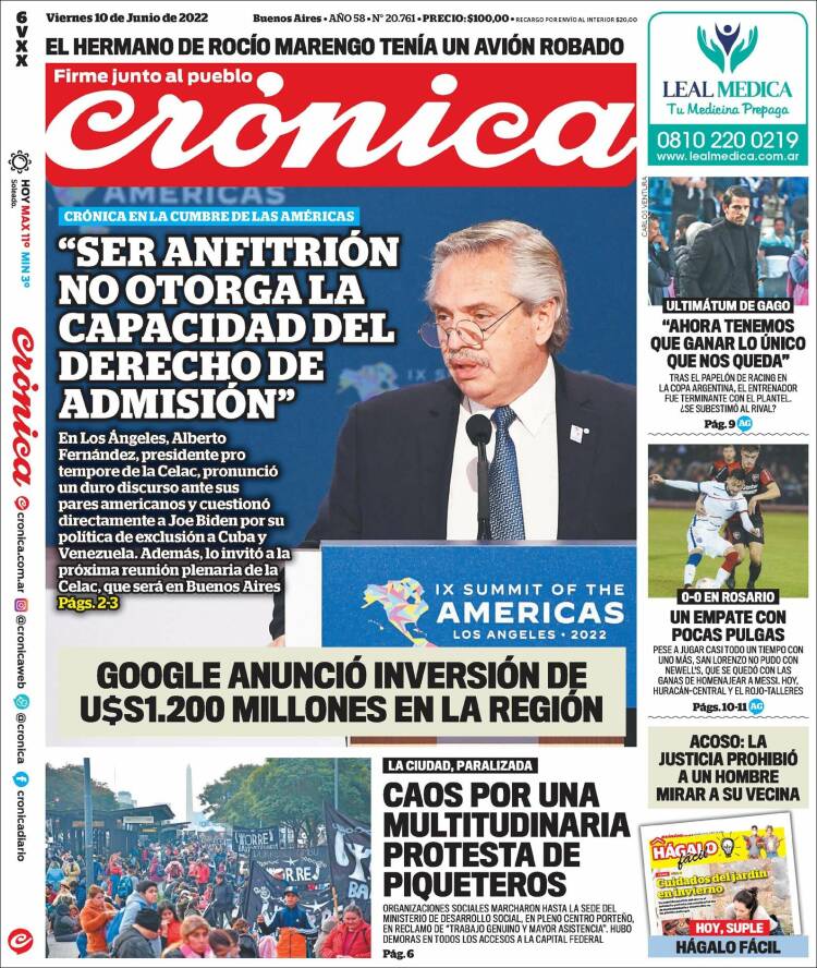 Portada de Crónica (Argentina)
