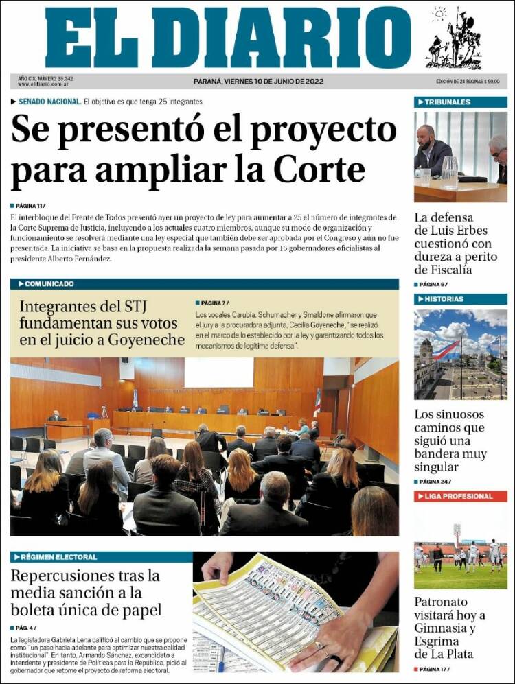 Portada de El Diario de Paraná (Argentina)