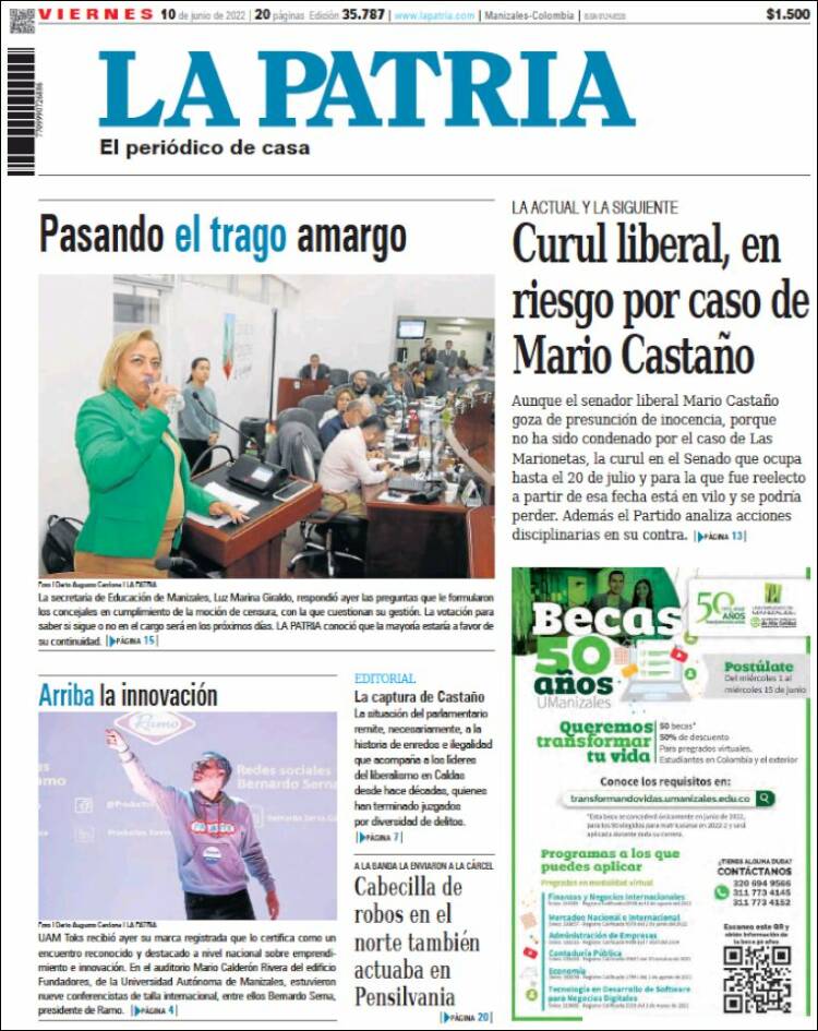 Portada de La Patria (Colombia)