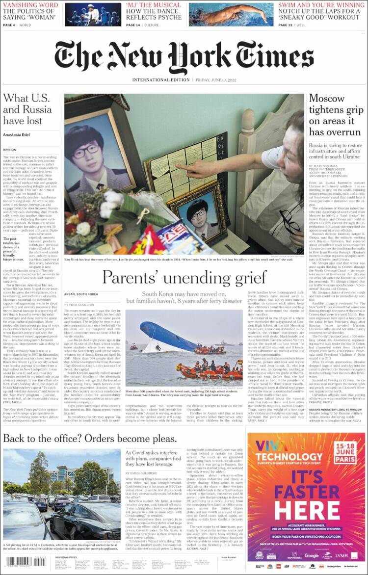 Portada de International New York Times (Europa)