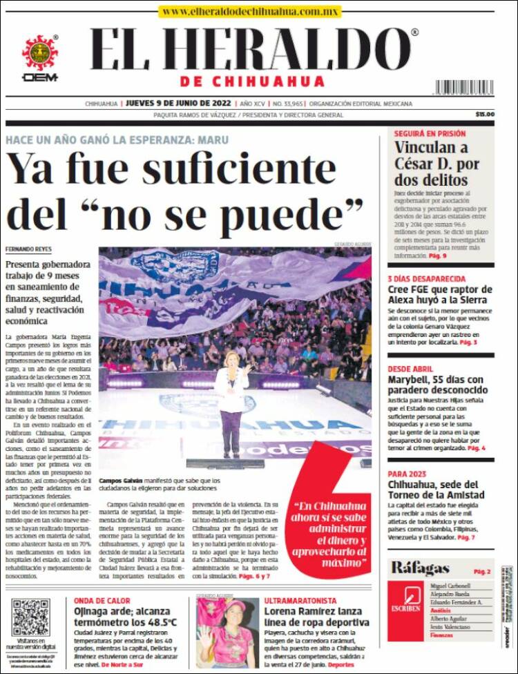 Portada de El Heraldo de Chihuahua (M&eacute;xico)