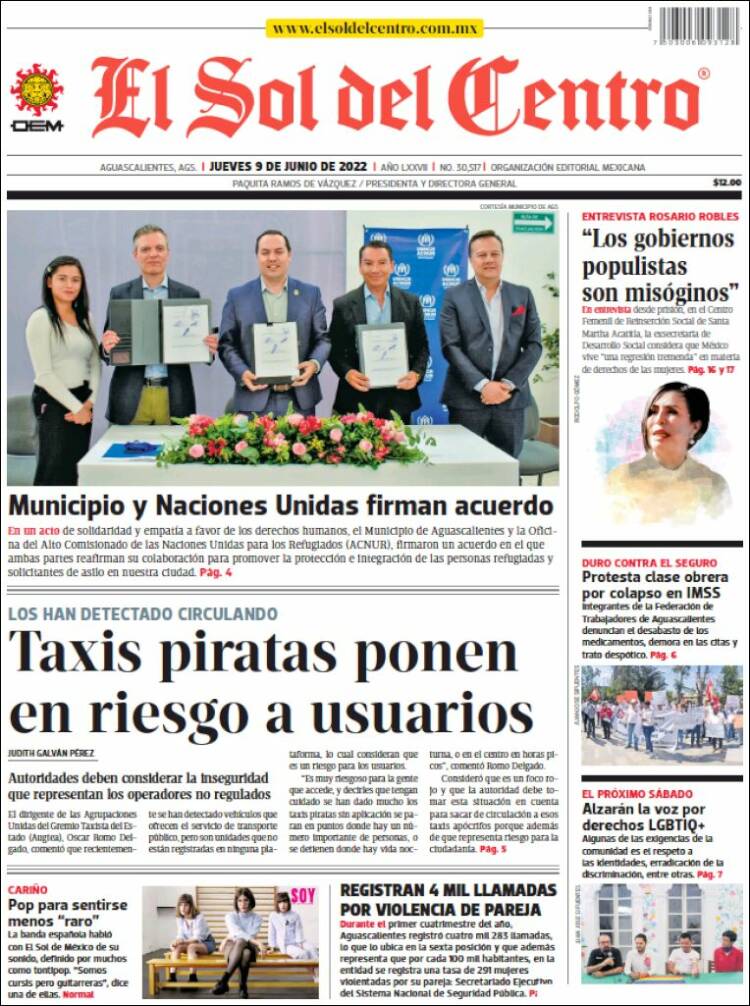 Portada de El Sol del Centro (M&eacute;xico)