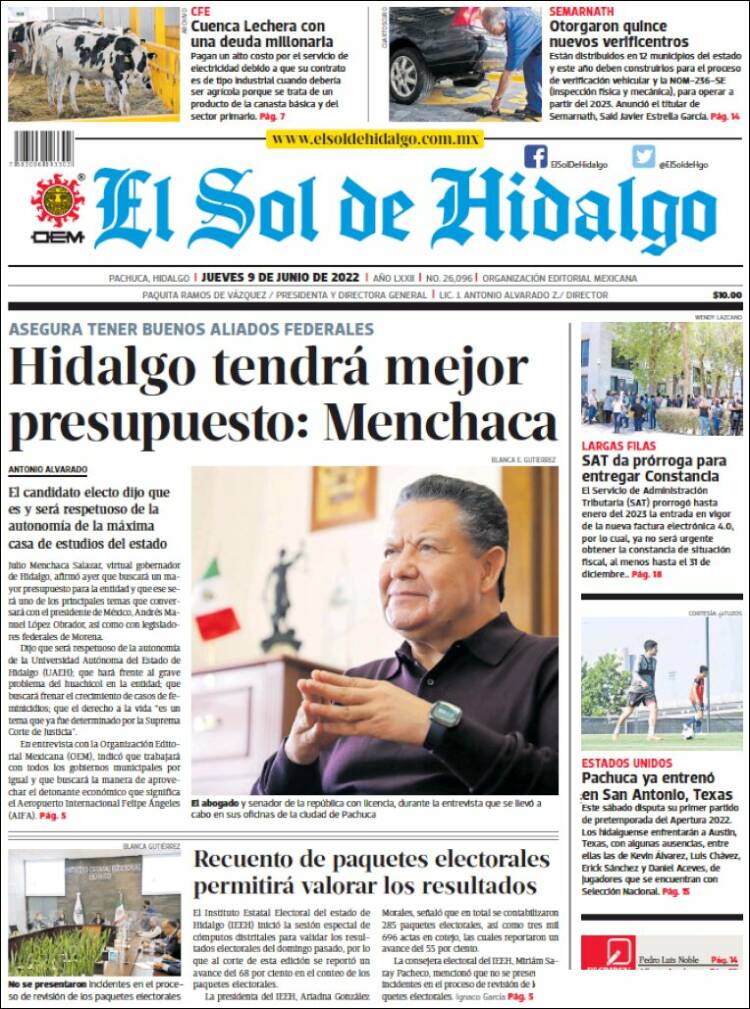 Portada de El Sol de Hidalgo (M&eacute;xico)