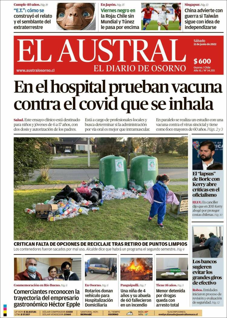 Portada de El Austral de Osorno (Chile)