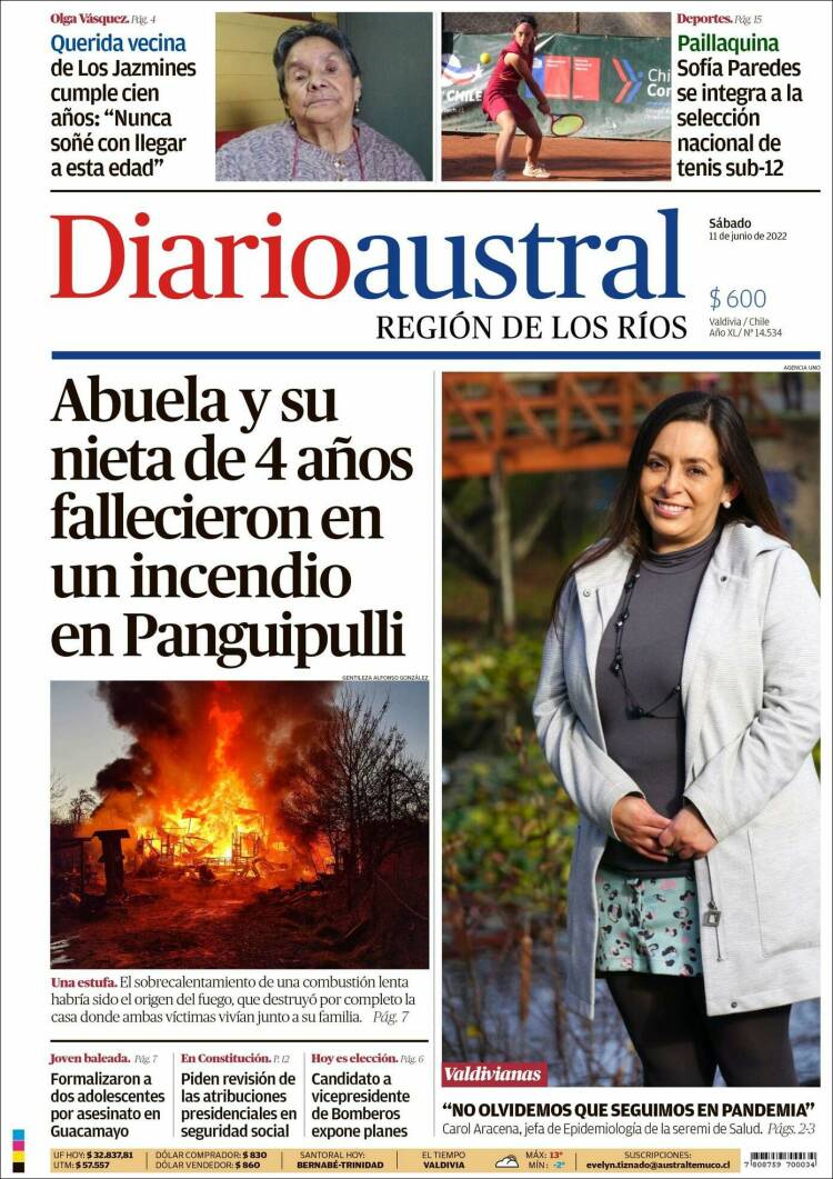 Portada de El Diario Austral de Valdivia (Chile)