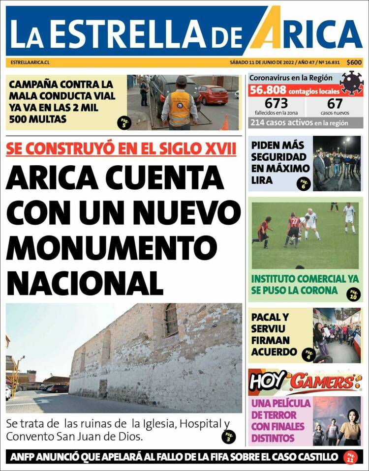 Portada de La Estrella de Arica (Chile)