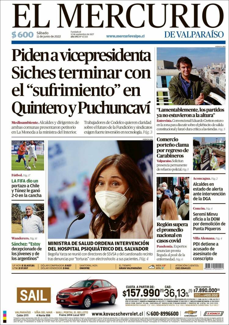 Portada de Mercurio de Valparaiso (Chile)