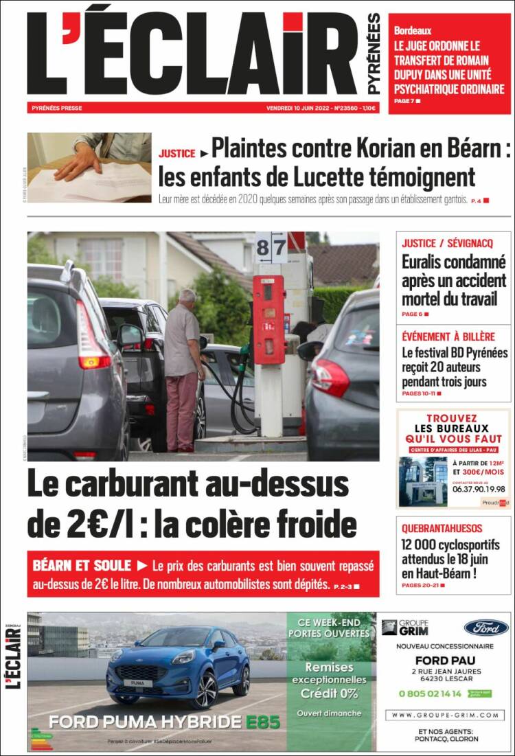 Portada de L'Eclair des Pyrénées (Francia)