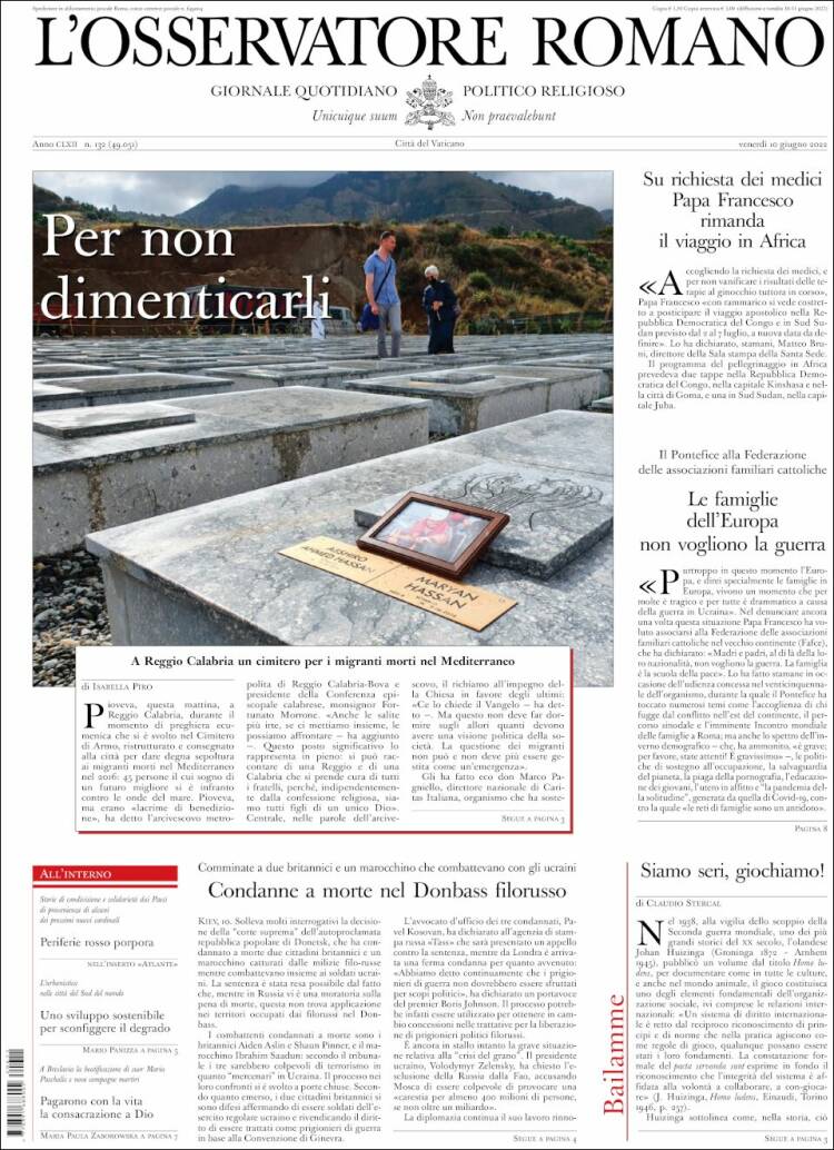 Portada de L'Osservatore Romano (Italia)