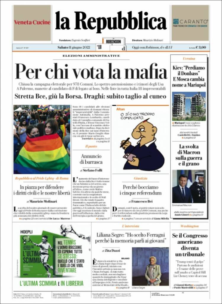 Portada de La Repubblica (Italia)