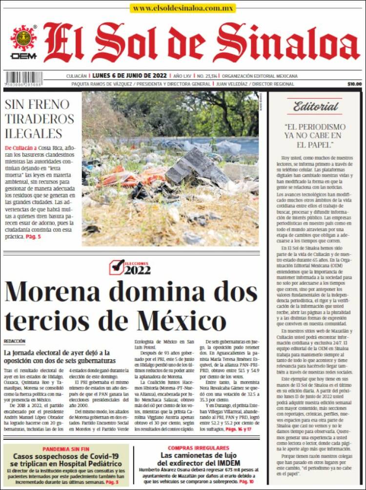 Portada de El Sol de Sinaloa (M&eacute;xico)