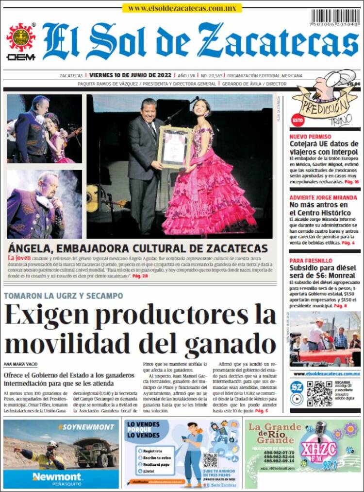 Portada de El Sol de Zacatecas (M&eacute;xico)