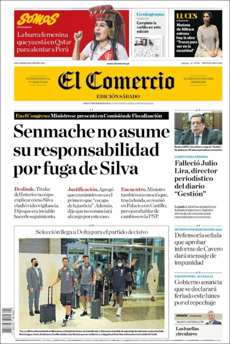 Portada de El Comercio (Per&uacute;)