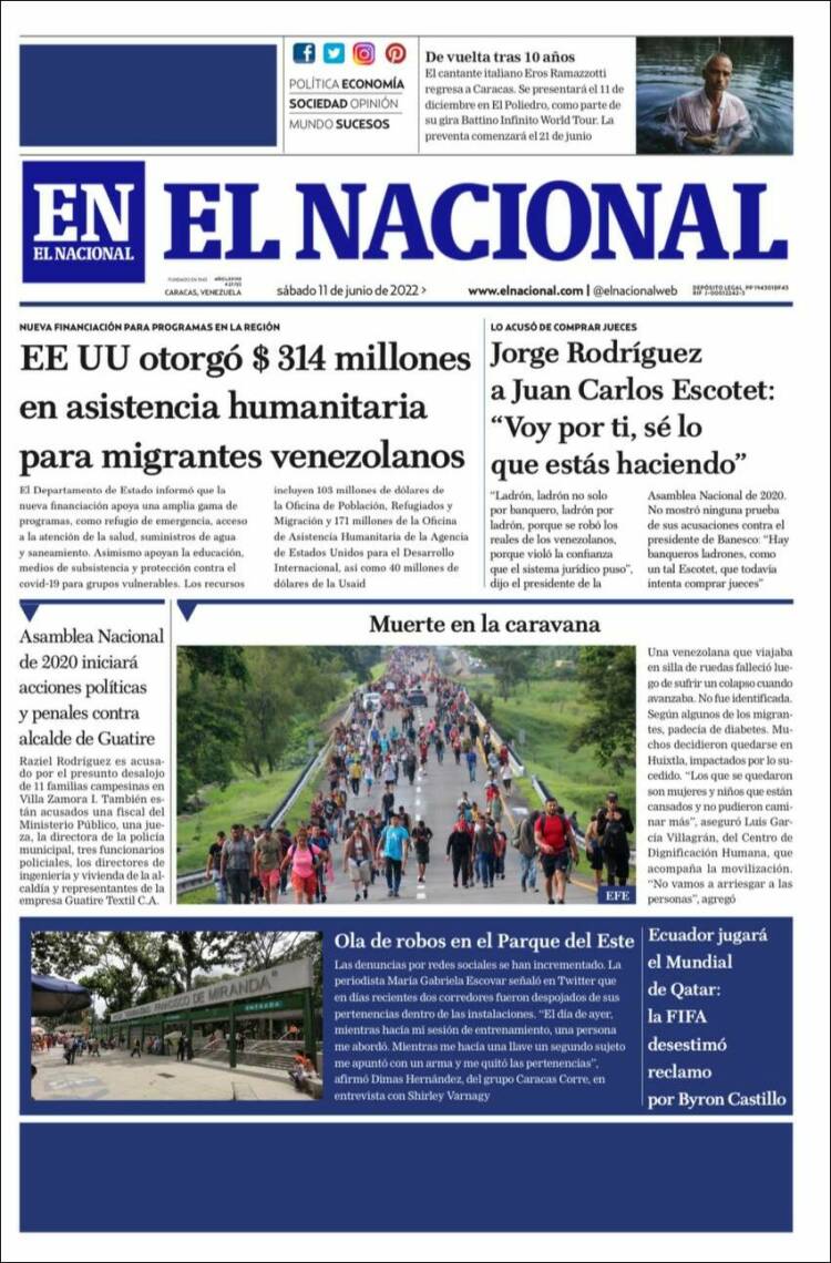 Portada de El Nacional (Venezuela)