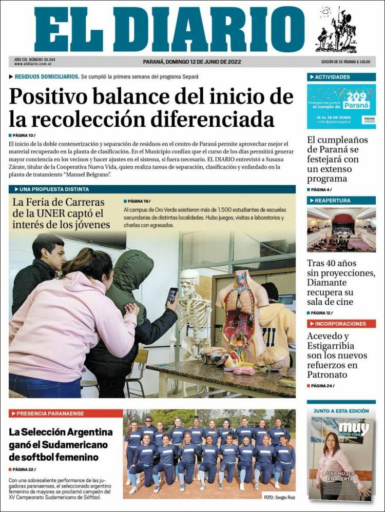 Portada de El Diario de Paraná (Argentina)