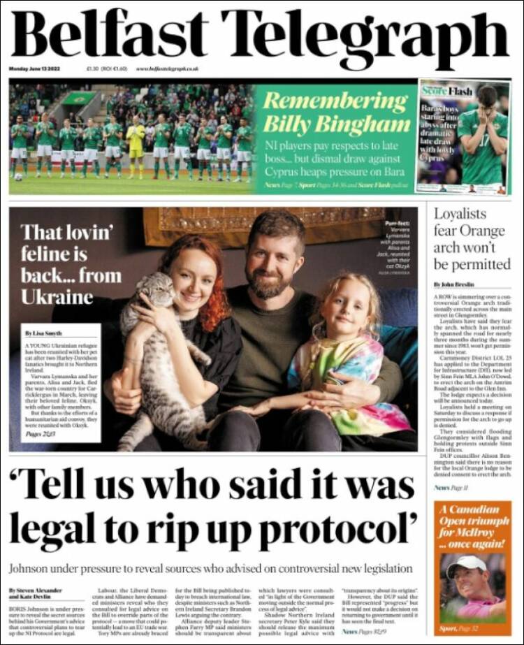 Portada de Belfast Telegraph (Reino Unido)