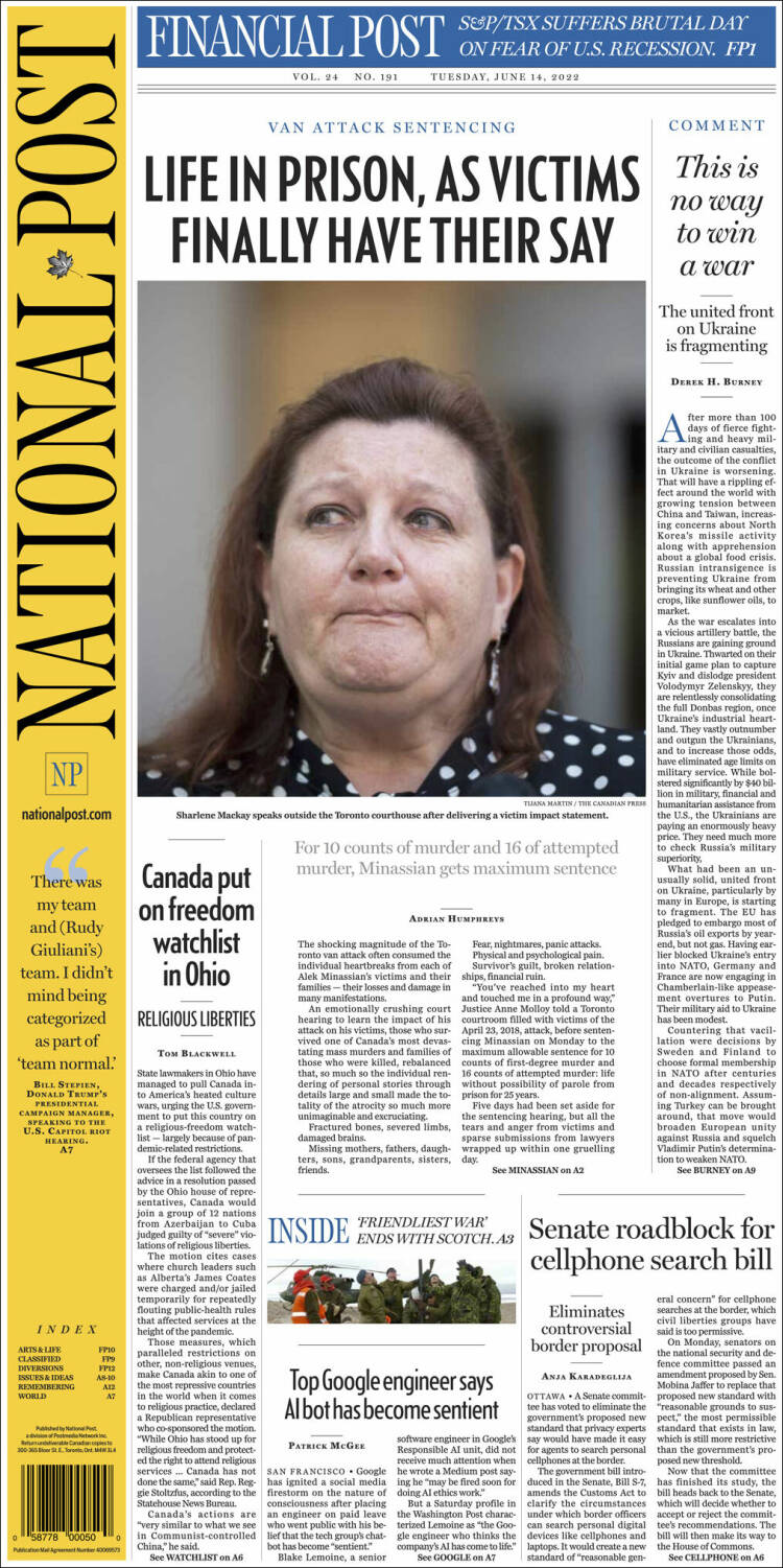 Portada de The National Post (Canada)