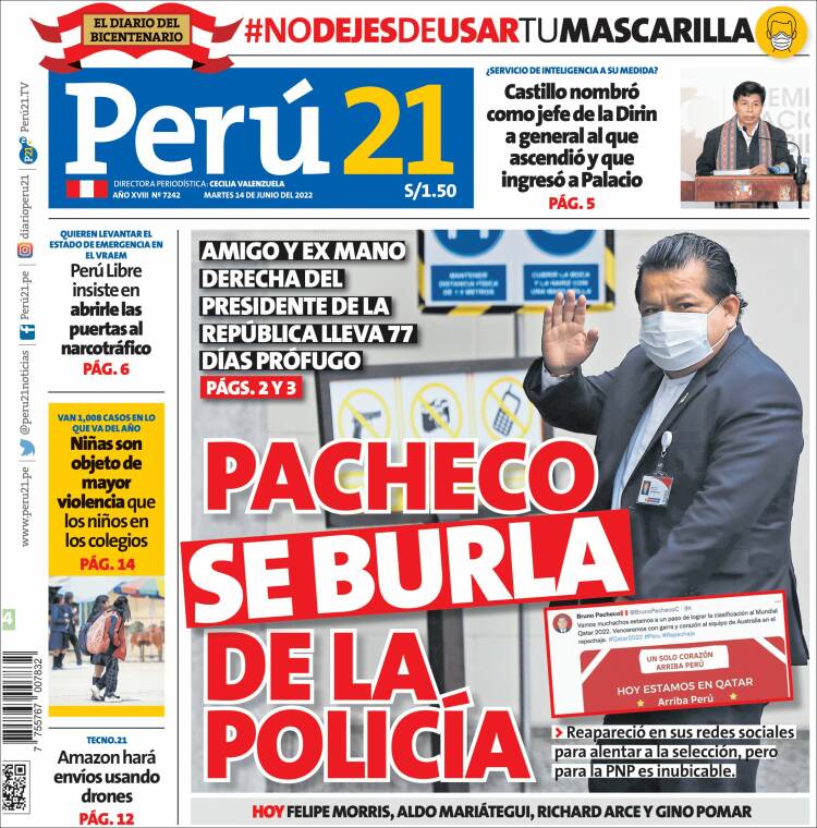 Periódico Perú 21 (Perú). Periódicos de Perú. Edición de martes, 14 de