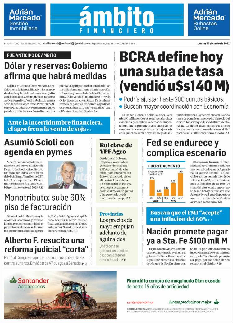 Portada de Diario Ambito Financiero (Argentina)