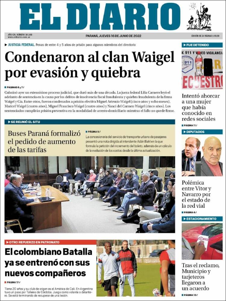 Portada de El Diario de Paraná (Argentina)
