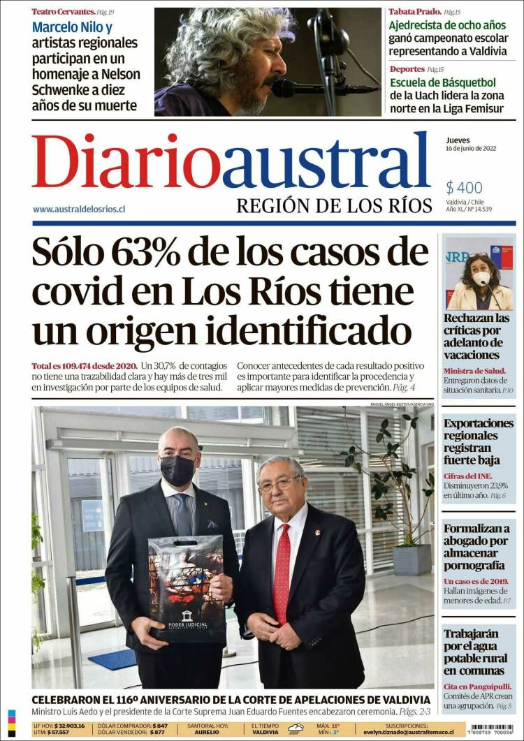 Portada de El Diario Austral de Valdivia (Chile)