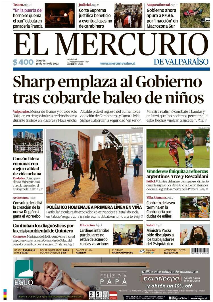 Portada de Mercurio de Valparaiso (Chile)