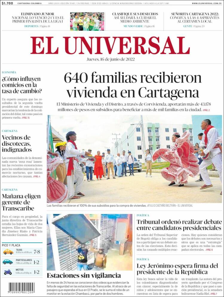 Portada de El Universal (Colombia)