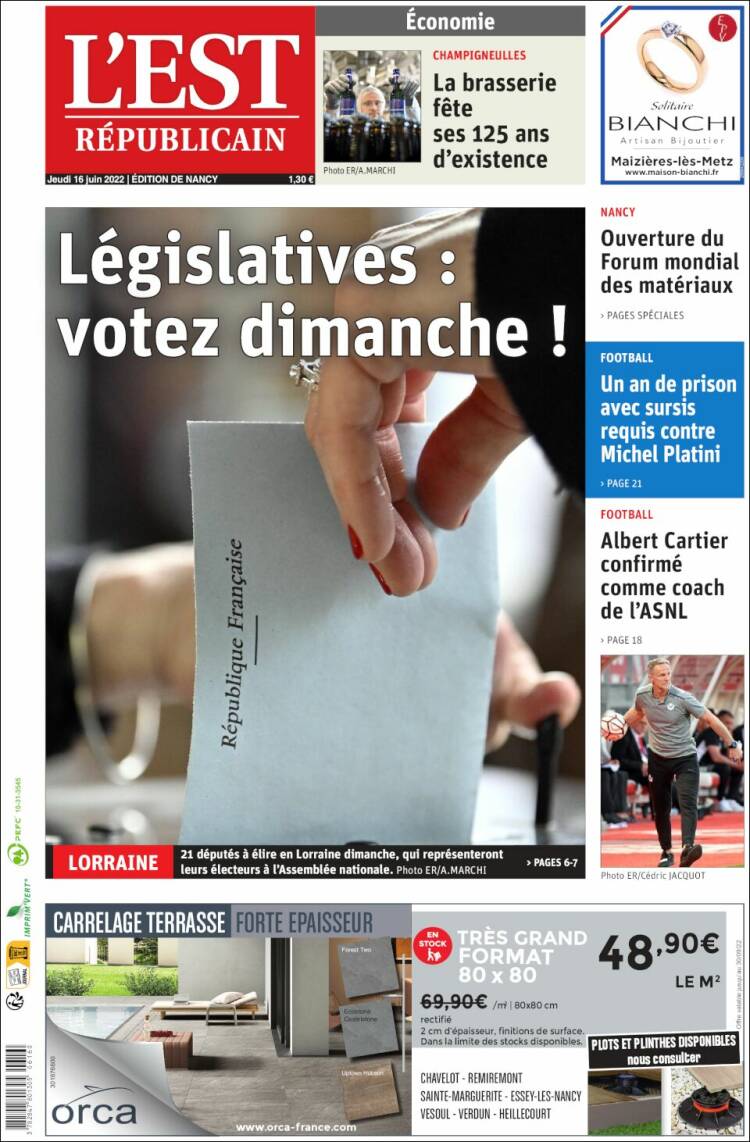 Portada de L'Est Republicain (Francia)