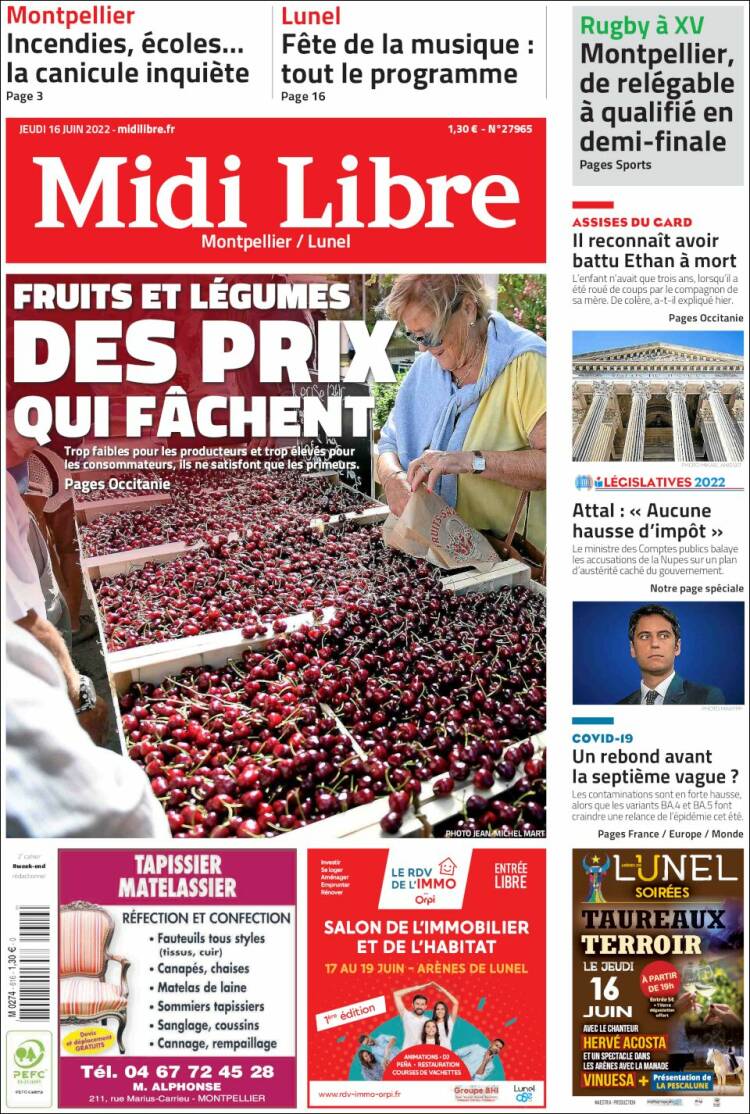 Portada de Midi Libre (Francia)