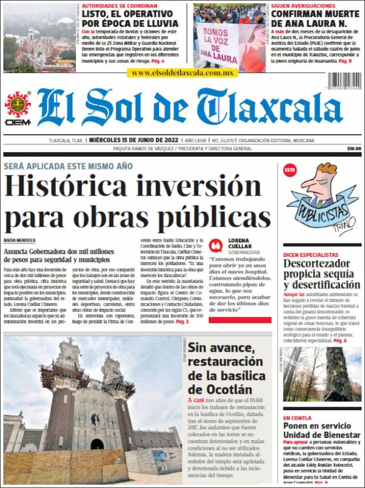 Portada de El Sol de Tlaxcala (M&eacute;xico)