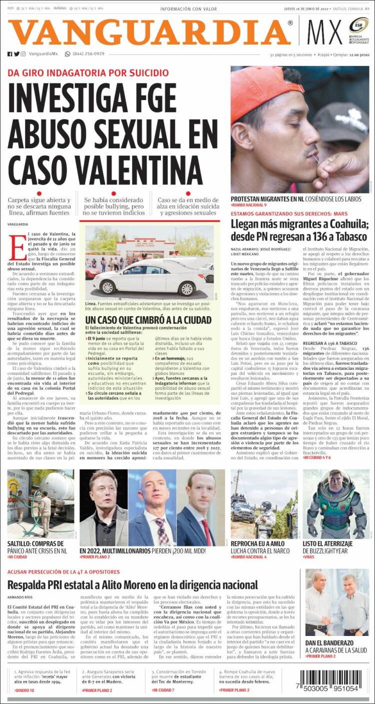 Portada de Vanguardia (M&eacute;xico)