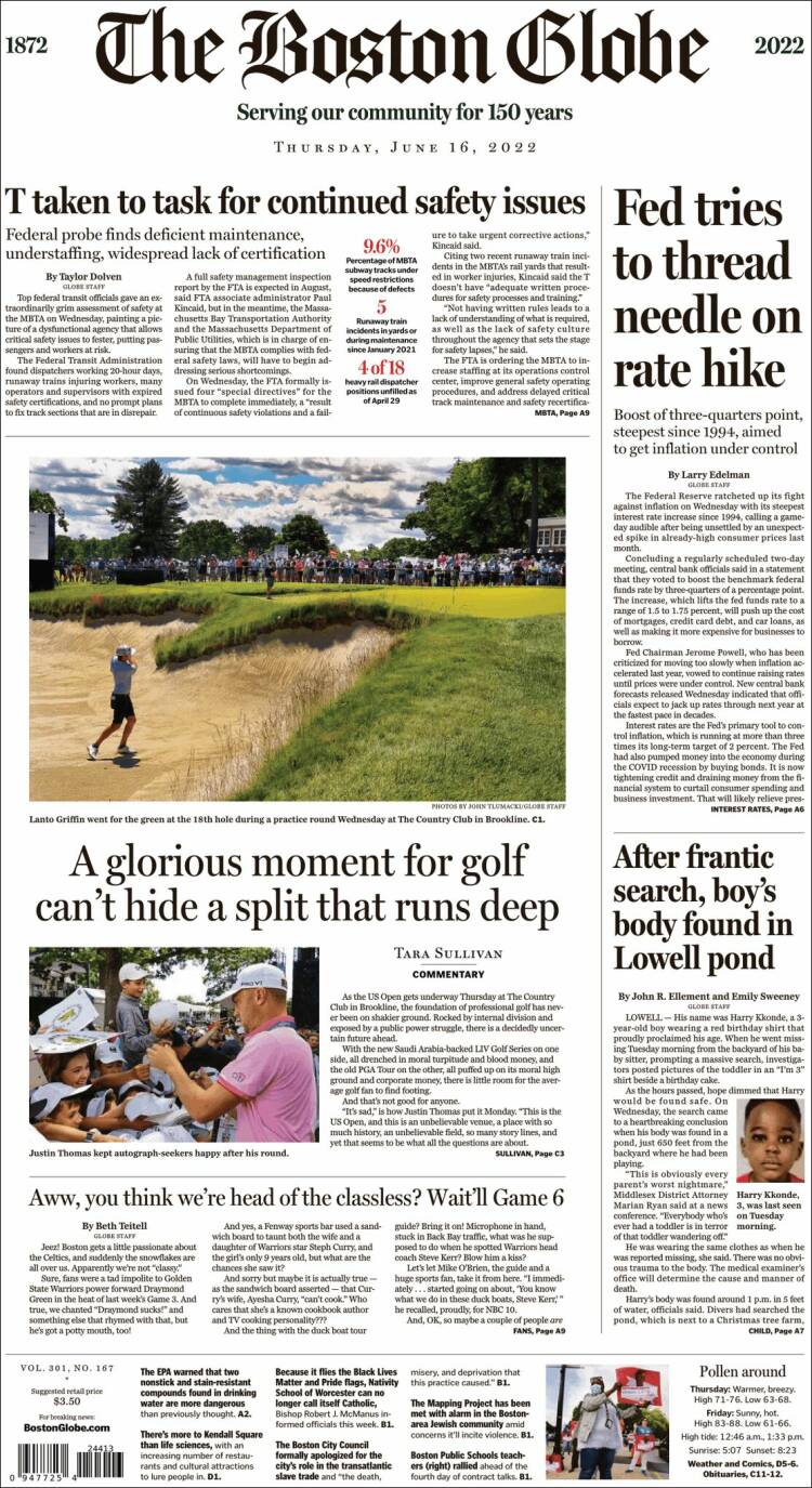 Portada de Boston Globe (USA)