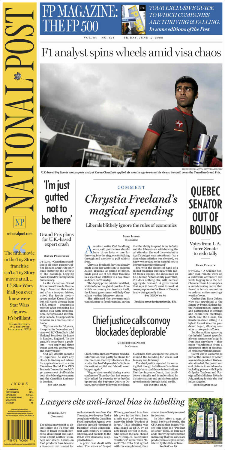 Portada de The National Post (Canadá)