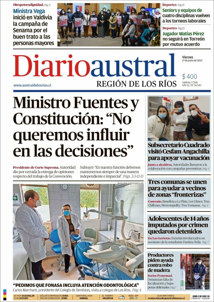 Portada de El Diario Austral de Valdivia (Chile)