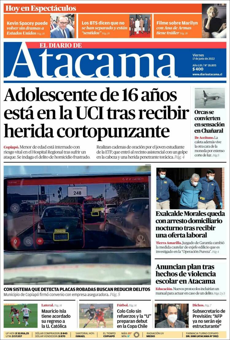 Portada de Diario de Atacama (Chile)