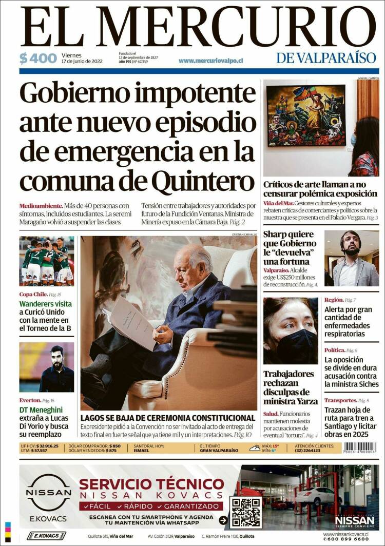 Portada de Mercurio de Valparaiso (Chile)