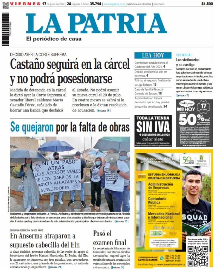 Portada de La Patria (Colombia)