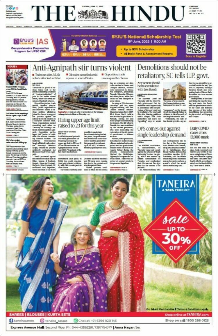 Portada de The Hindu (India)