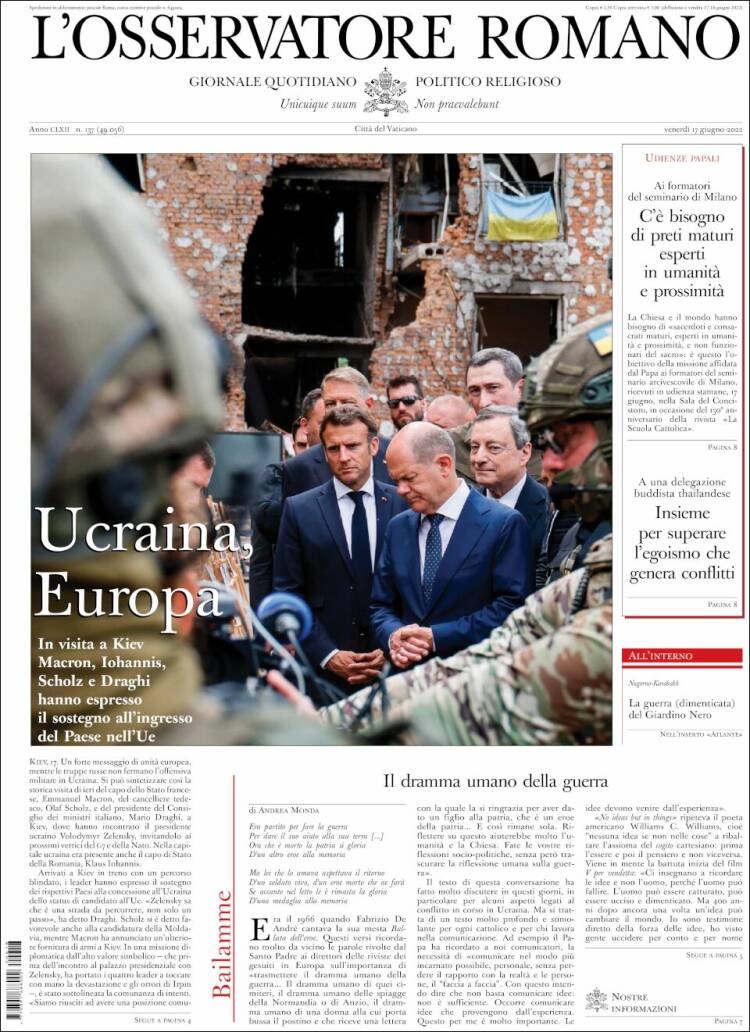 Portada de L'Osservatore Romano (Italia)