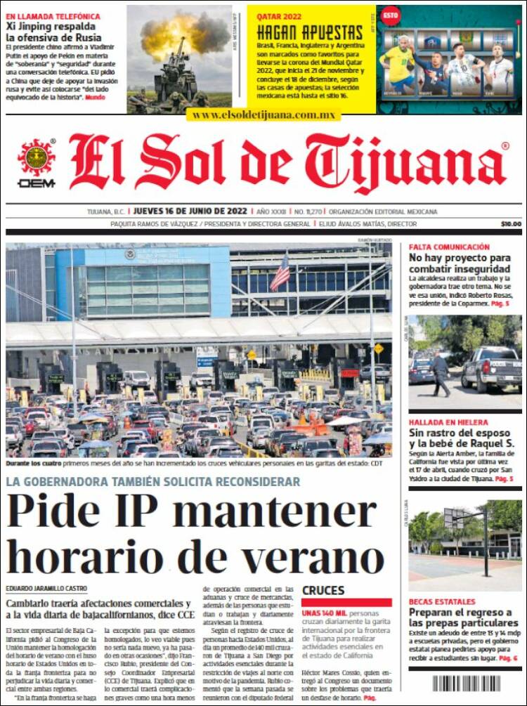 Portada de El Sol de Tijuana (M&eacute;xico)