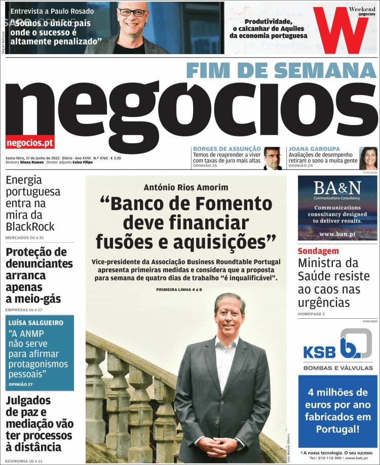 Portada de Jornal de Negócios (Portugal)