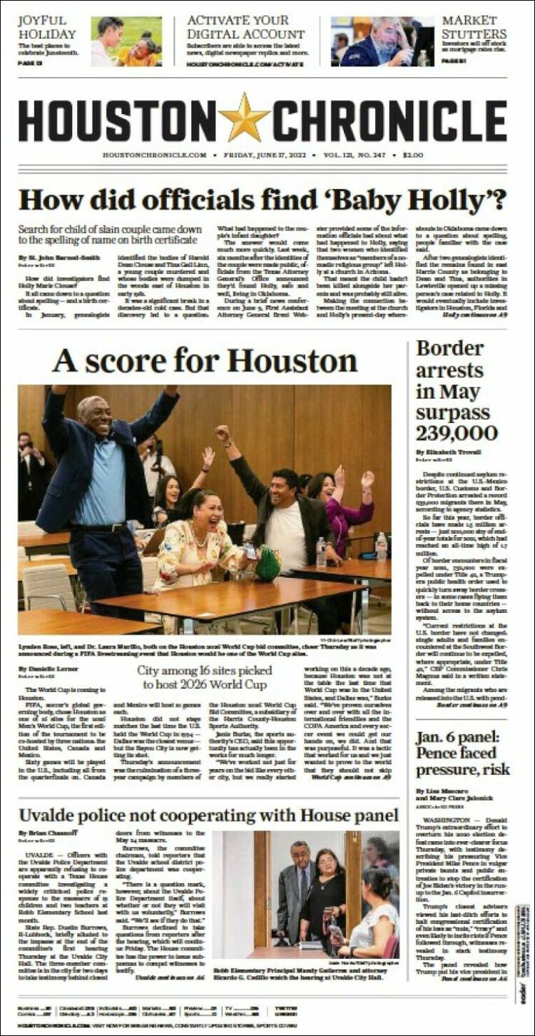 Portada de Houston Chronicle (USA)