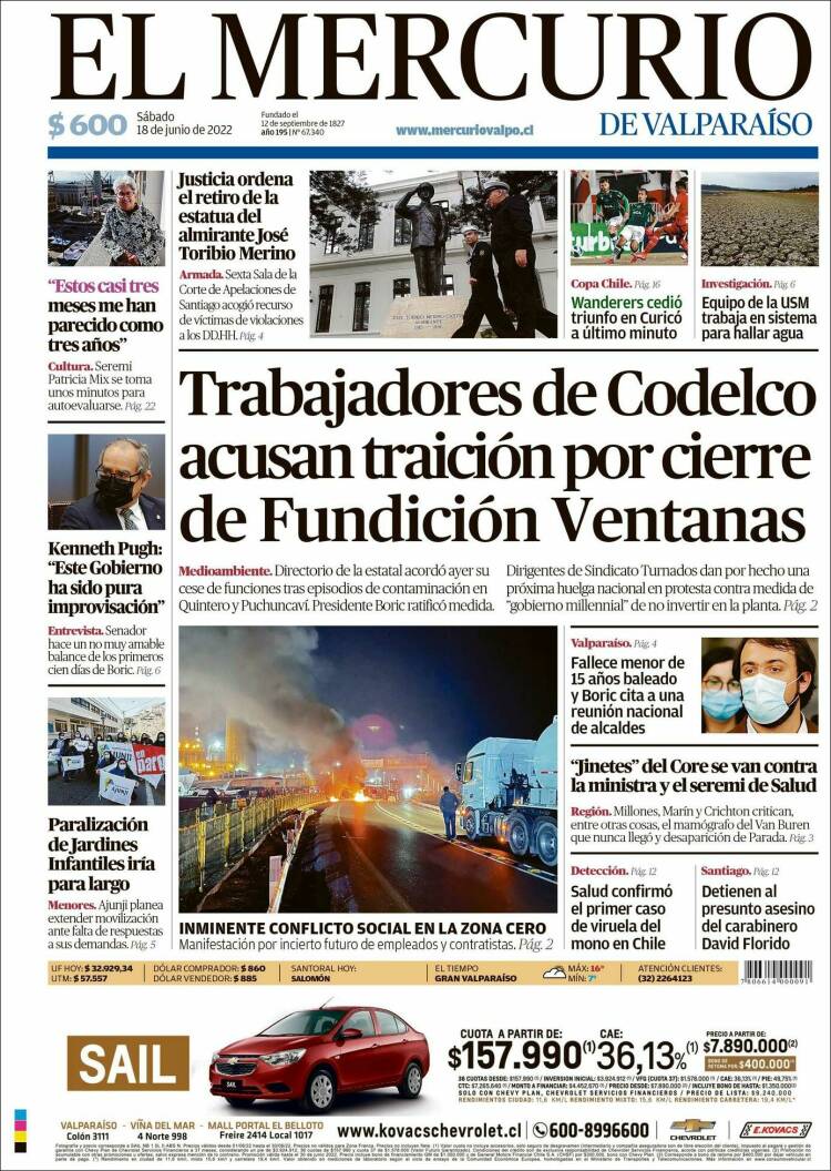 Portada de Mercurio de Valparaiso (Chile)