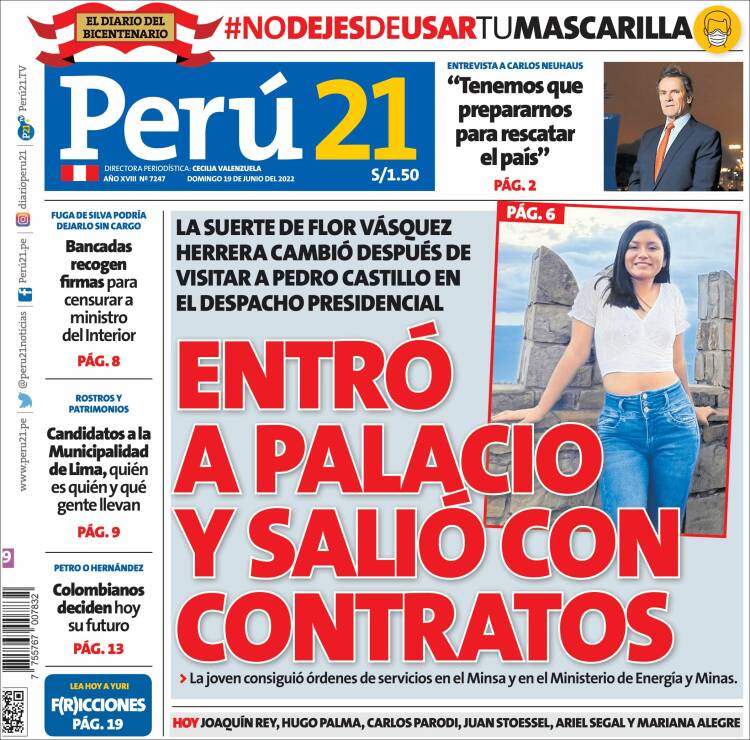 Periódico Perú 21 (Perú). Periódicos de Perú. Edición de domingo, 19 de