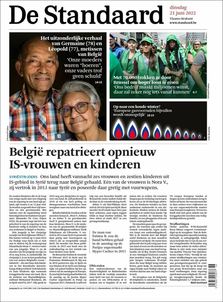 Portada de De Standaard (Bélgica)