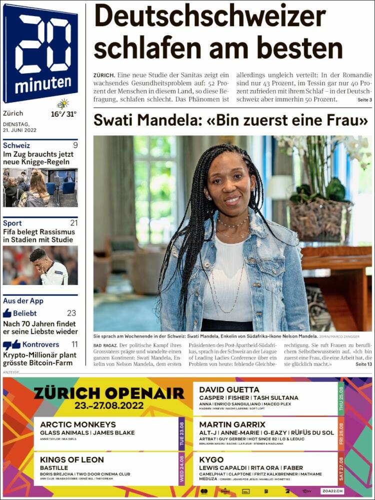 Portada de 20Minuten - Zürich (Suiza)