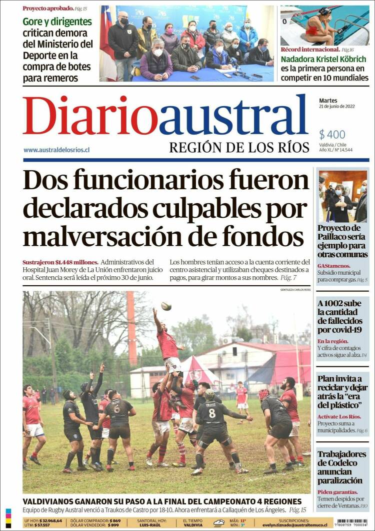 Portada de El Diario Austral de Valdivia (Chile)